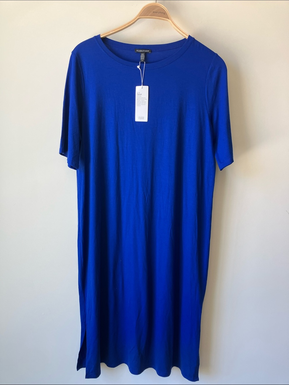 EILEEN FISHER Fine Tencel Jersey Midi Dress Royal Blue Short-Sleeve Size L NWT